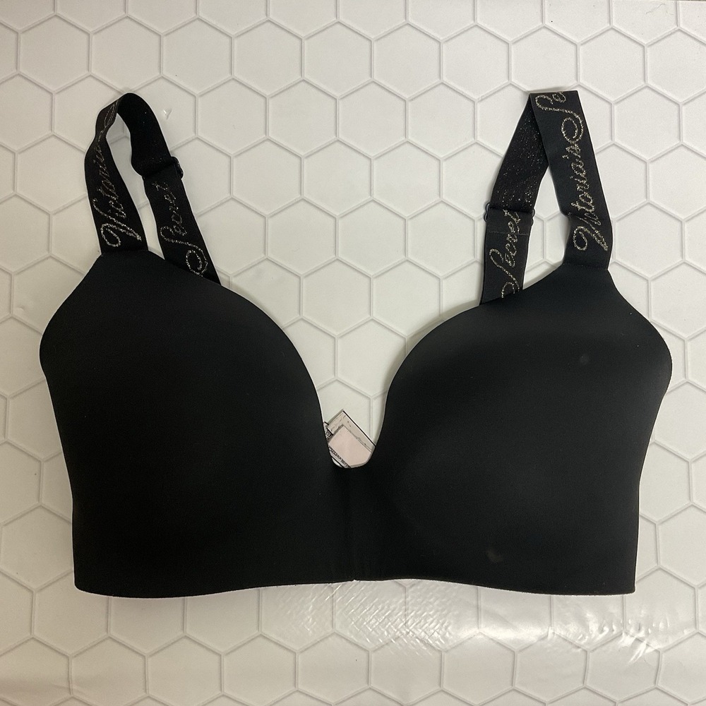 Victoria Secret T-Shirt Lightly Lined Wireless Bra 32DDD Black Gold Logo Sign